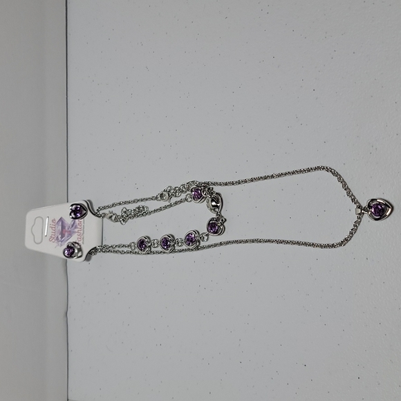 PURPLE & SILVER COLOR 💜 HEART 3PC SET NECKLACE,BRACELET & EARRINGS - Picture 1 of 4